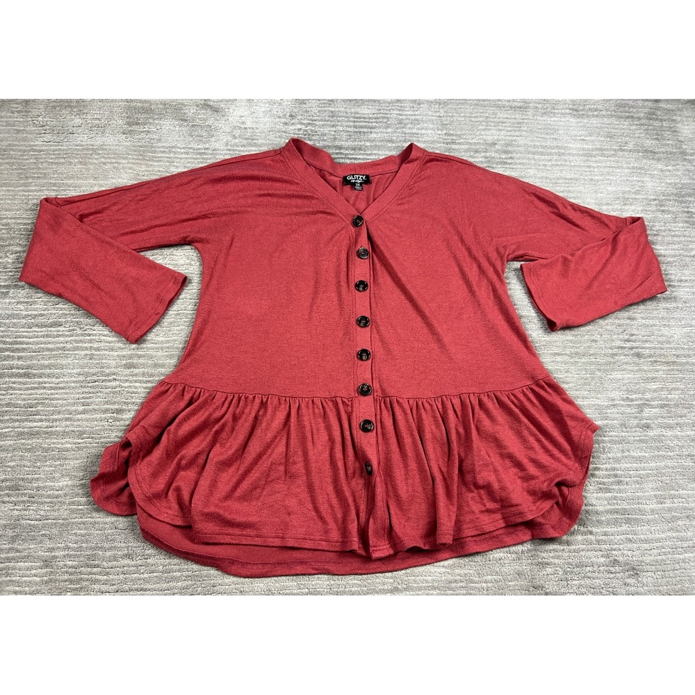 Glitzy Lifestyle Cardigan Top Women 3X Red Peplum Button Down V-Neck Long Sleeve